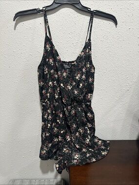 Floral Black Spaghetti-Strap Shorts Romper